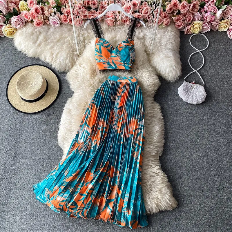 Summer Boho Two Piece Set Women Holiday Beach Elegant 2pcs Set Strapless  Crop Tops And High Waist Pleated Long Skirt Suit