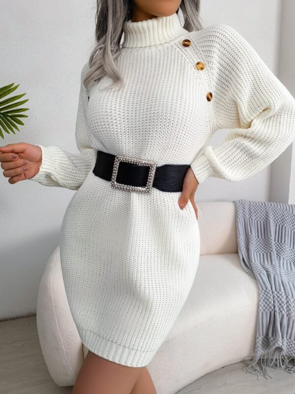 Autumn And Winter Casual Button High Neck Long Sleeve Bottomed Wool Dress Women Wear Mid Waist Solid Color Pencil Skirt Sweater - Image 3