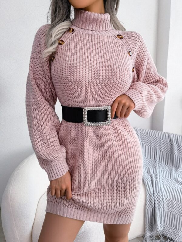 Autumn And Winter Casual Button High Neck Long Sleeve Bottomed Wool Dress Women Wear Mid Waist Solid Color Pencil Skirt Sweater - Image 6