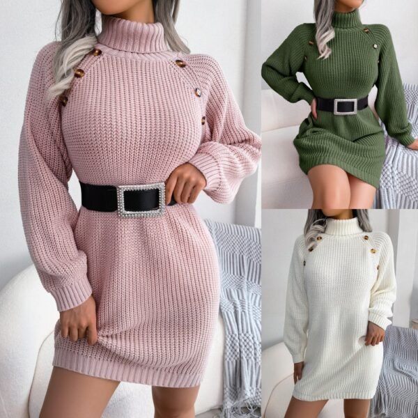 Autumn And Winter Casual Button High Neck Long Sleeve Bottomed Wool Dress Women Wear Mid Waist Solid Color Pencil Skirt Sweater