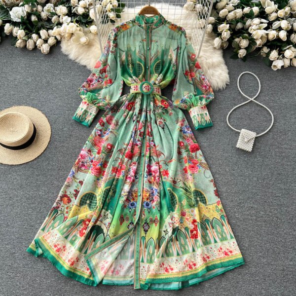 Summer Holiday Beach Chiffon Flowy Dress Women's Stand Collar Lantern Sleeve Floral Print Boho Long Robes