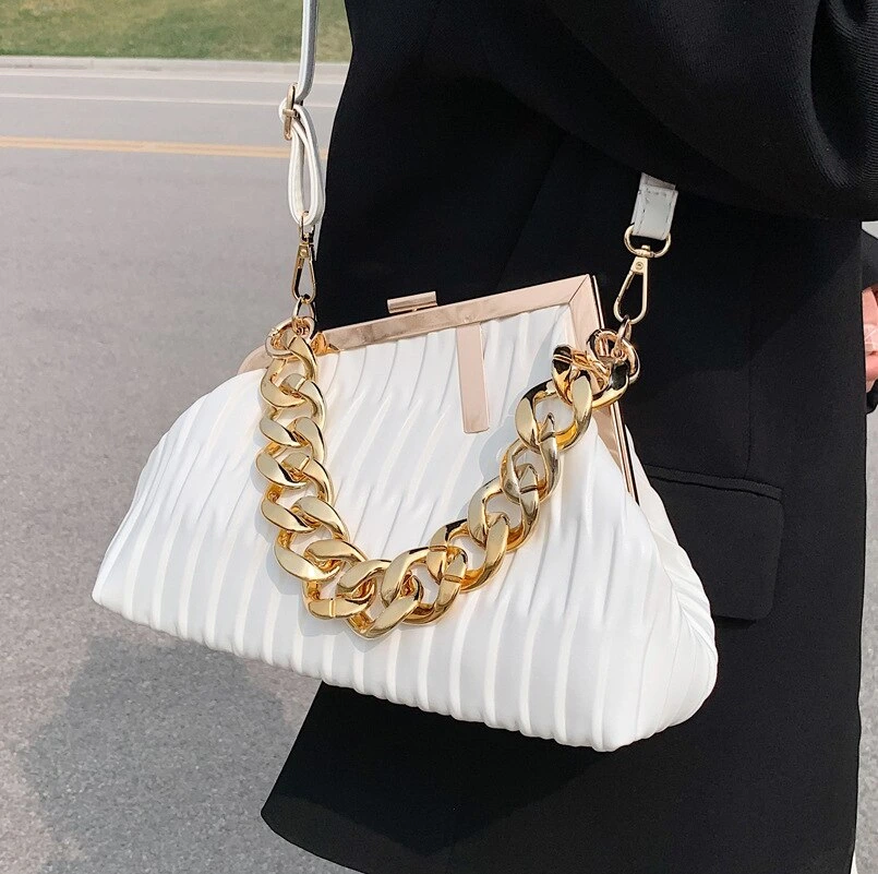 Fashion Triangle Design gold Thick Chain Shoulder Crossbody Bag For Women  New Luxury Brand Handbag Large Party Cluth - Image 3