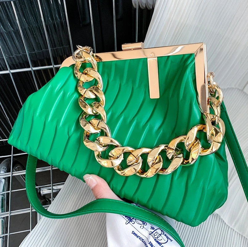 Fashion Triangle Design gold Thick Chain Shoulder Crossbody Bag For Women  New Luxury Brand Handbag Large Party Cluth