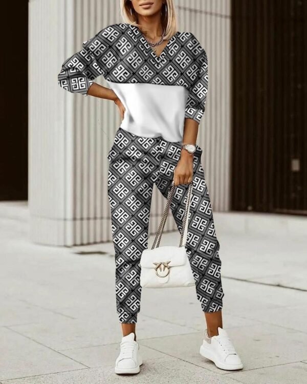 Two Piece Set Women Casual Sports Style Patchwork Printed Hooded Trousers 2 Piece Suit Women Autumn Printed - Image 3