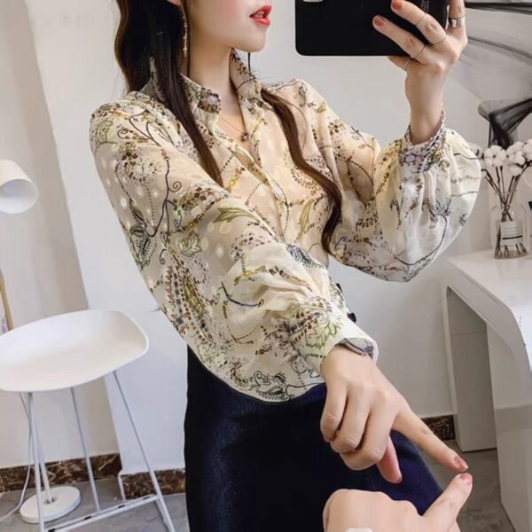 Fashion Lantern Sleeve Printed Lapel Button Casual Chiffon Shirt  Spring New Oversized Loose Women Clothing Commute Blouse - Image 4