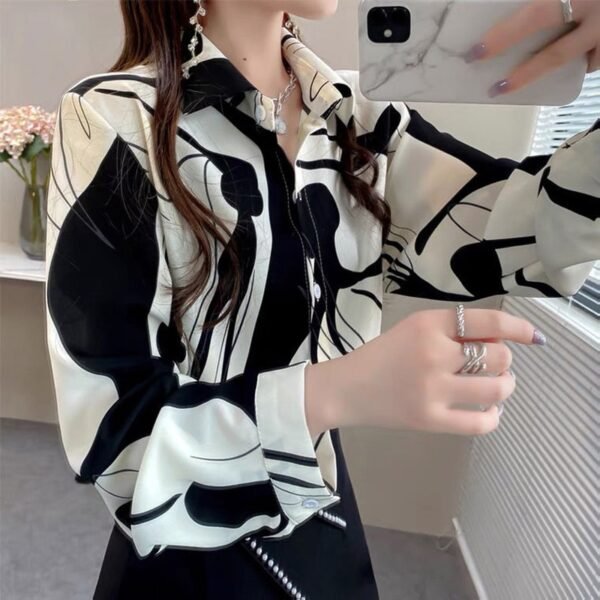 Fashion Lantern Sleeve Printed Lapel Button Casual Chiffon Shirt  Spring New Oversized Loose Women Clothing Commute Blouse - Image 5