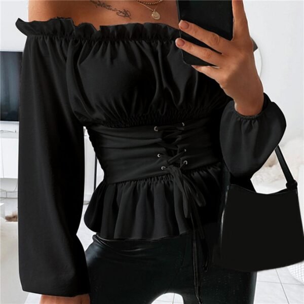 Shoulder Ladies Blouse Lace Up Front Ruffles Female Casual Blouse Summer Tops Spring Tops Blouses - Image 4