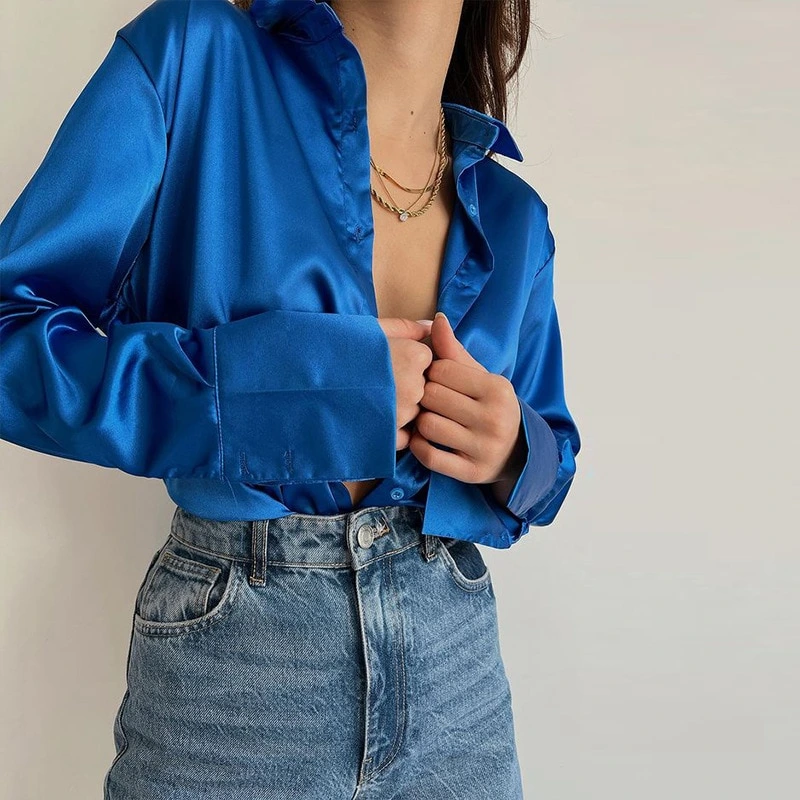Satin Long Sleeve Blouses Women  Vintage Blue Green Silk Shirt Women Casual Loose Button Up Down Shirts Elegant Tops - Image 6