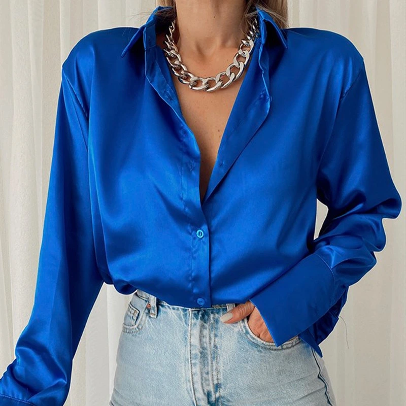 Satin Long Sleeve Blouses Women  Vintage Blue Green Silk Shirt Women Casual Loose Button Up Down Shirts Elegant Tops