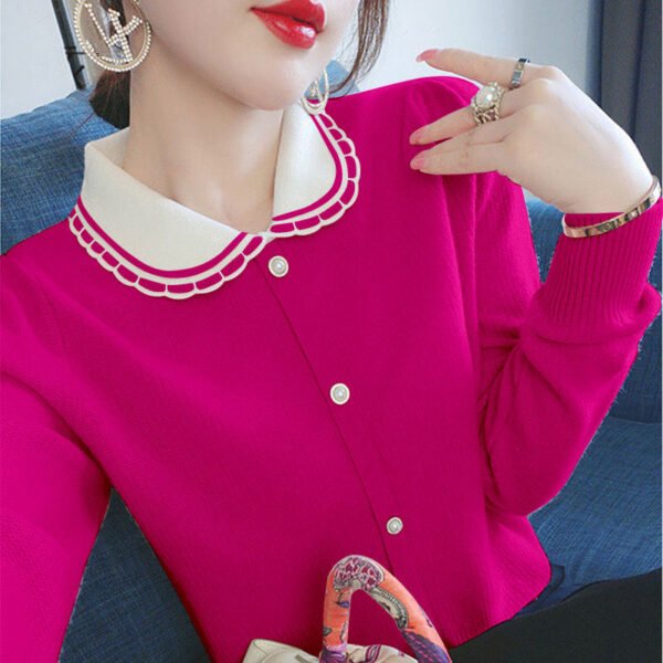 Sweet Peter Pan Collar Spliced Button Loose Knitted Shirt Female Clothing  Autumn Long Sleeve Casual Tops All-match Blouse - Image 2