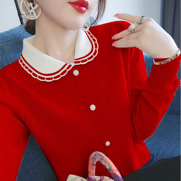 Sweet Peter Pan Collar Spliced Button Loose Knitted Shirt Female Clothing  Autumn Long Sleeve Casual Tops All-match Blouse - Image 3