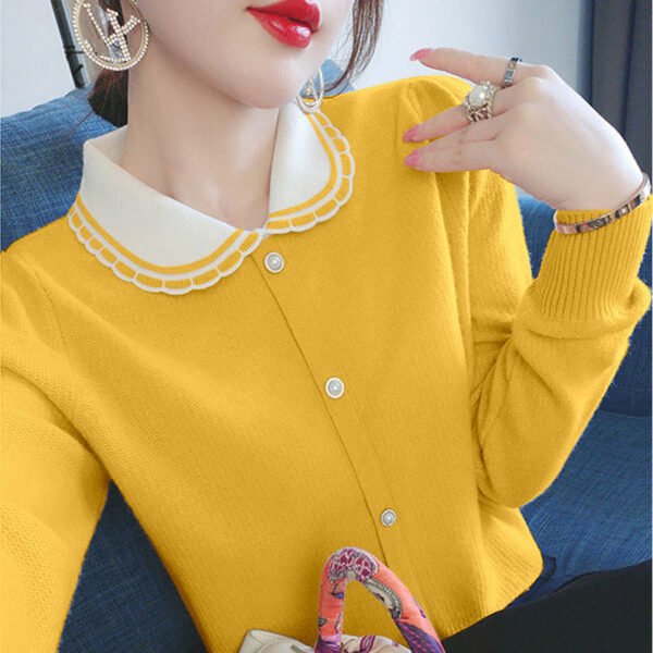 Sweet Peter Pan Collar Spliced Button Loose Knitted Shirt Female Clothing  Autumn Long Sleeve Casual Tops All-match Blouse - Image 4