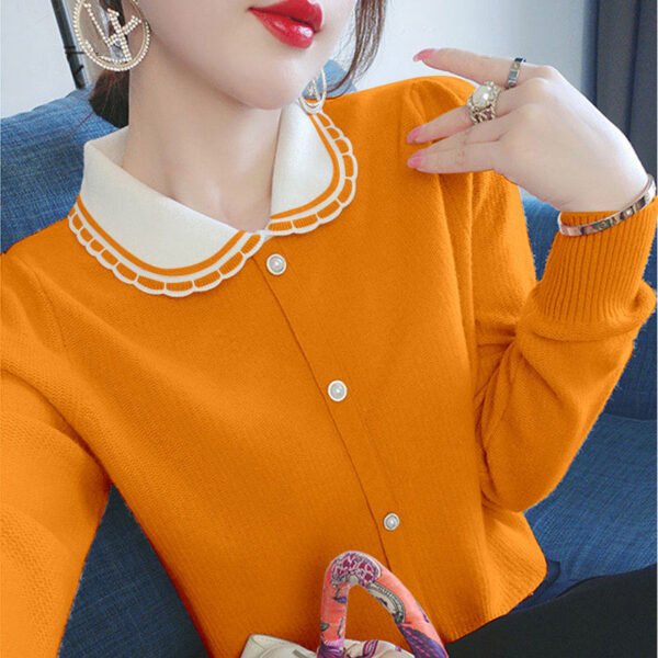 Sweet Peter Pan Collar Spliced Button Loose Knitted Shirt Female Clothing  Autumn Long Sleeve Casual Tops All-match Blouse