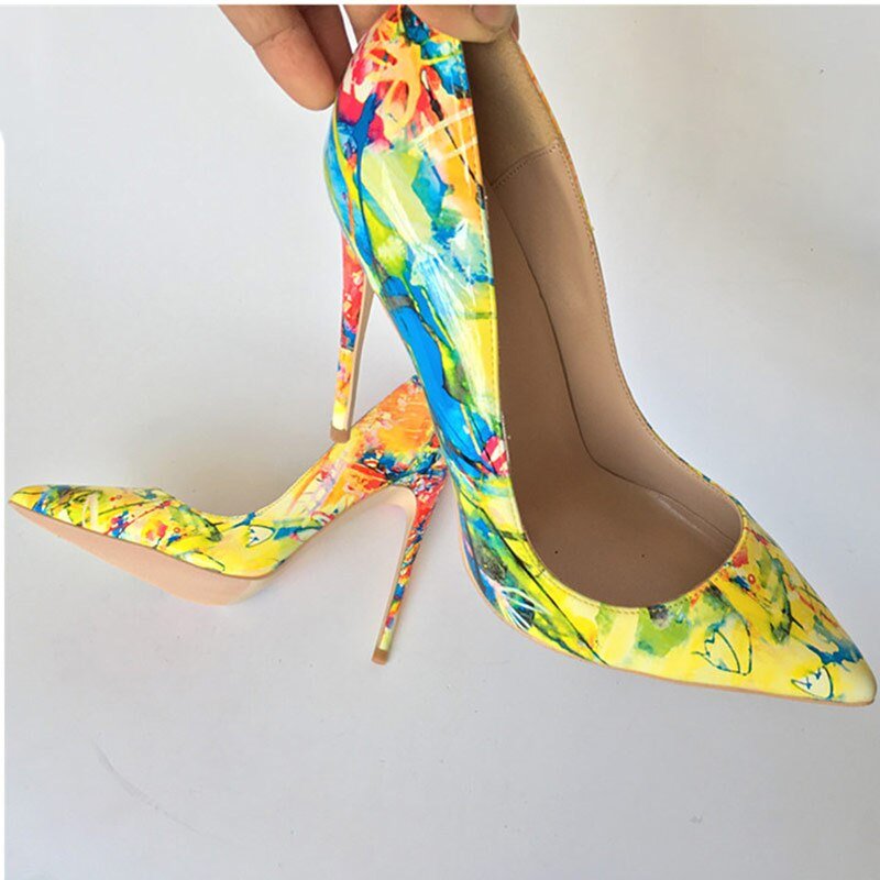 Yellow Floral Printed Women Patent Pointed Toe Stiletto High Heels Slip ...