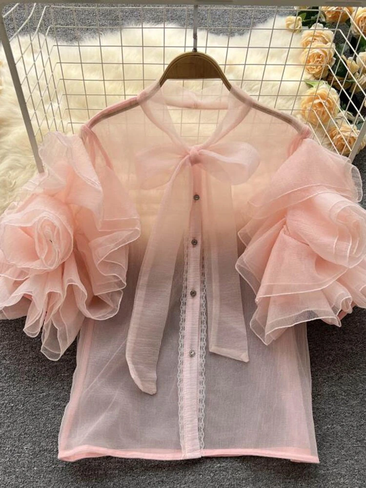 New Autumn Summer Fashion Korean Chic Neckline Bow Tie Lace Flounce Stitching Short Shirt Top Women - Image 2