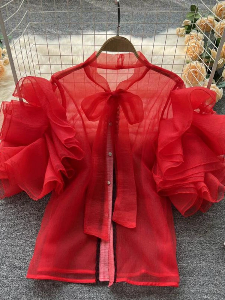 New Autumn Summer Fashion Korean Chic Neckline Bow Tie Lace Flounce Stitching Short Shirt Top Women