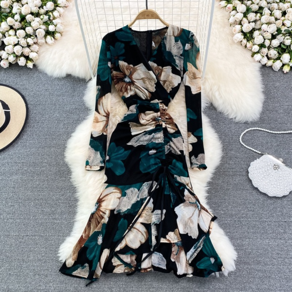 Printed Long-sleeved Slim Summer Dress Ruffle Drawstring Split Vestidos De Mujer Fishtail Temperament V Neck Robe Femme - Image 3