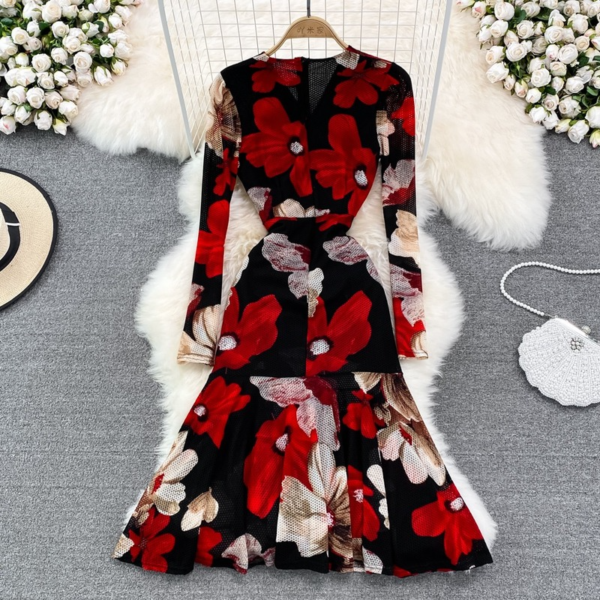 Printed Long-sleeved Slim Summer Dress Ruffle Drawstring Split Vestidos De Mujer Fishtail Temperament V Neck Robe Femme - Image 4