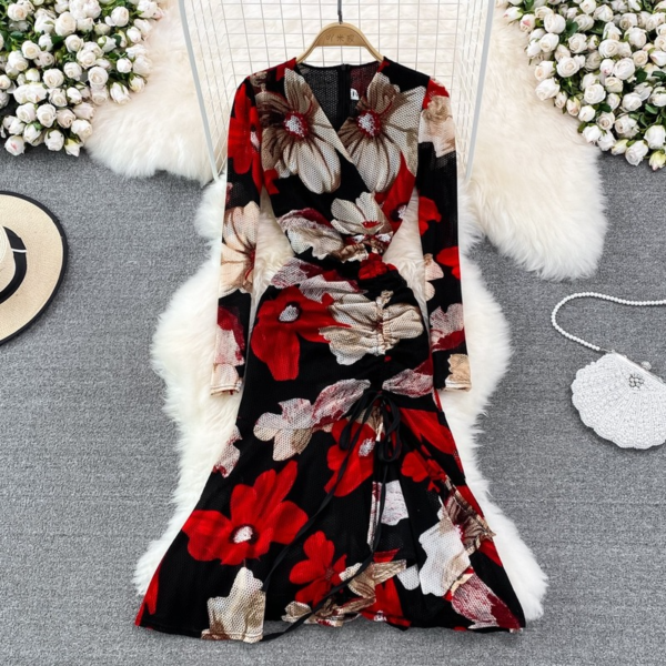 Printed Long-sleeved Slim Summer Dress Ruffle Drawstring Split Vestidos De Mujer Fishtail Temperament V Neck Robe Femme - Image 2