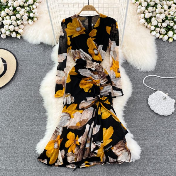 Printed Long-sleeved Slim Summer Dress Ruffle Drawstring Split Vestidos De Mujer Fishtail Temperament V Neck Robe Femme