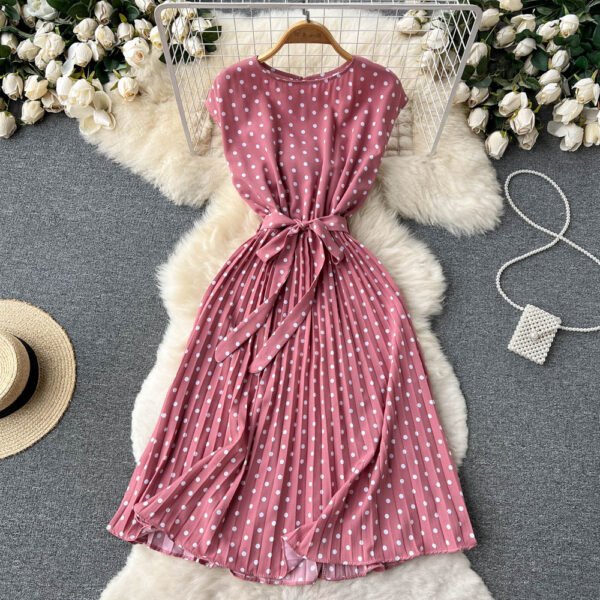 Summer Gentle Style French Retro Polka Dot Dress Sleeveless Lace Up Slim Waist Thin Vestido Sweet Pleated Femme Robe - Image 2