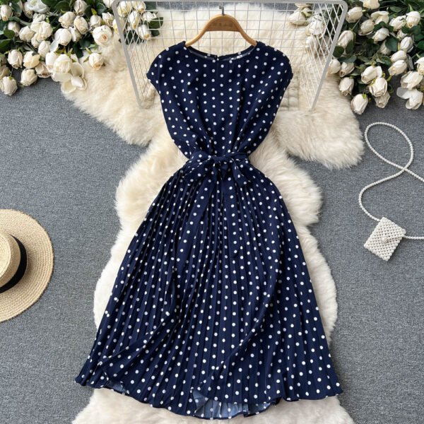 Summer Gentle Style French Retro Polka Dot Dress Sleeveless Lace Up Slim Waist Thin Vestido Sweet Pleated Femme Robe - Image 5