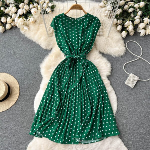 Summer Gentle Style French Retro Polka Dot Dress Sleeveless Lace Up Slim Waist Thin Vestido Sweet Pleated Femme Robe - Image 3