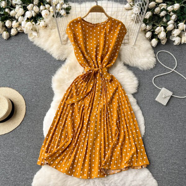 Summer Gentle Style French Retro Polka Dot Dress Sleeveless Lace Up Slim Waist Thin Vestido Sweet Pleated Femme Robe - Image 4