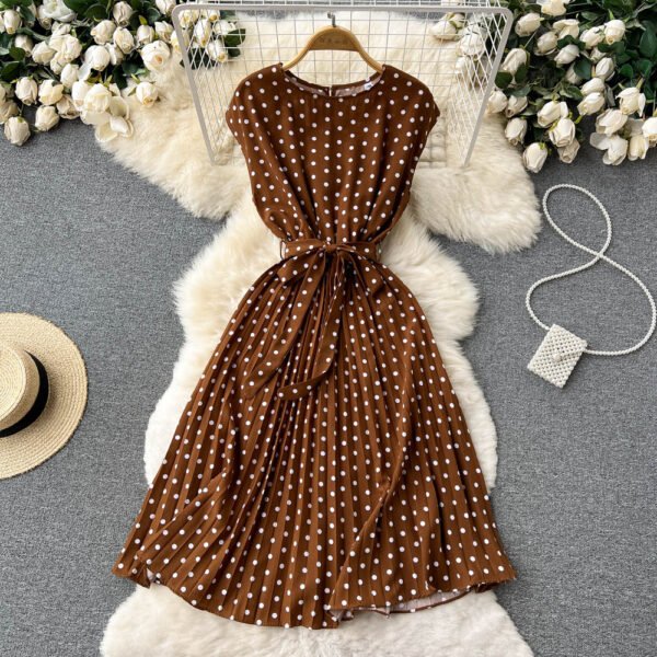 Summer Gentle Style French Retro Polka Dot Dress Sleeveless Lace Up Slim Waist Thin Vestido Sweet Pleated Femme Robe