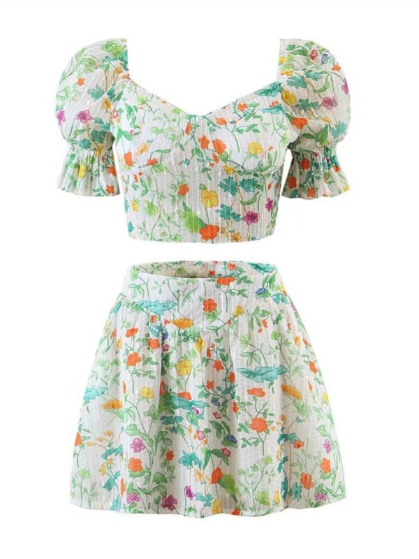 With Pad Green Floral Print Short T-shirt Puff Sleeve Crop Top Sexy Corset Women Splice Ruched Hem Mini Skirt Matching Set - Image 5