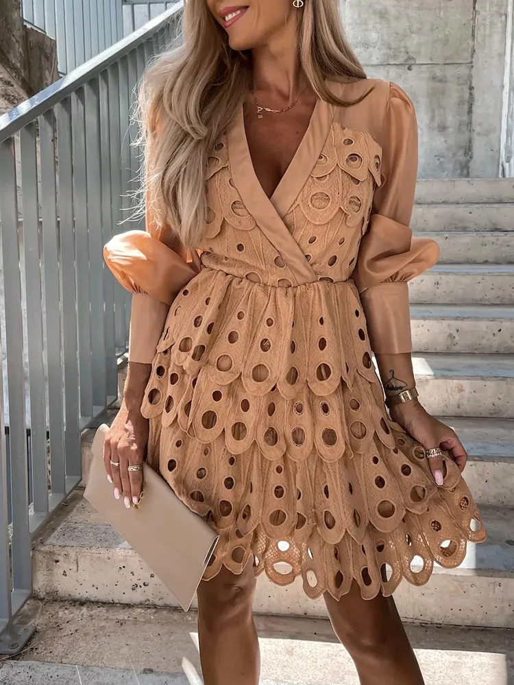 Long Sleeve V-Neck Sexy Solid Party Dress Women Hollow Out Loungewear Spring Autumn  Sweet Patchwork Ladies Dress Streetwear - Image 3