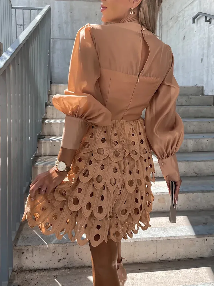 Long Sleeve V-Neck Sexy Solid Party Dress Women Hollow Out Loungewear Spring Autumn  Sweet Patchwork Ladies Dress Streetwear - Image 4