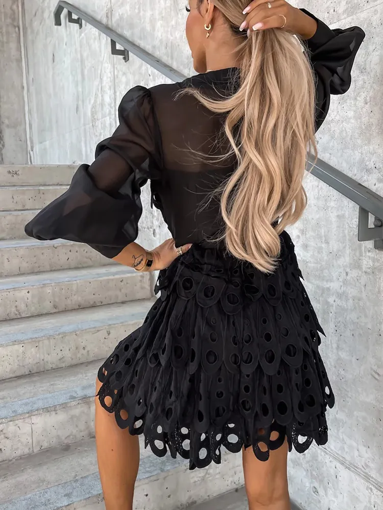 Long Sleeve V-Neck Sexy Solid Party Dress Women Hollow Out Loungewear Spring Autumn  Sweet Patchwork Ladies Dress Streetwear - Image 6