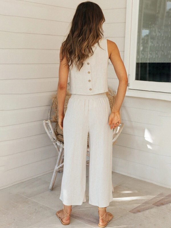 Summer Casual Loose Women Suits Solid Single Breasted Vest Tops Wide-leg Straight Pants Sets Off Shoulder Tank Top 2 Piece Set - Image 5