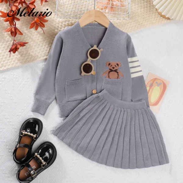 Girls Sweater Set Autumn Long Sleeve Knit Set New Girls V-Neck Little Bear Printed Knit Top+Pleated Skirt Two Piece Set - Image 4