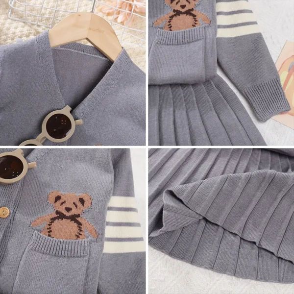 Girls Sweater Set Autumn Long Sleeve Knit Set New Girls V-Neck Little Bear Printed Knit Top+Pleated Skirt Two Piece Set - Image 6