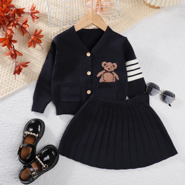 Girls Sweater Set Autumn Long Sleeve Knit Set New Girls V-Neck Little Bear Printed Knit Top+Pleated Skirt Two Piece Set