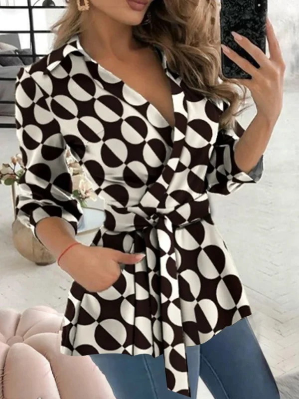 Autumn Long Sleeve Print Belt Shirt For Women New Sexy V-neck Slim Blouses And Tops Office Ladies Shirts Elegant Clothing - Image 4