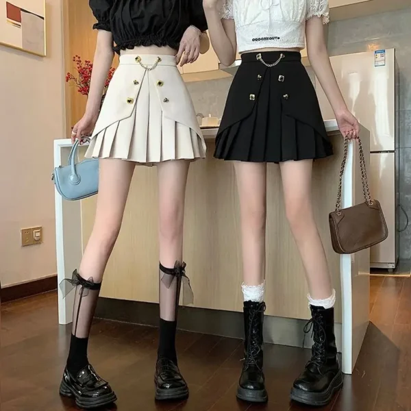 Spring Summer Solid Chain Slim Pleated Skirt Woman New Fashion Party Streetwear A-line Black White High Waist Mini Skirts - Image 2