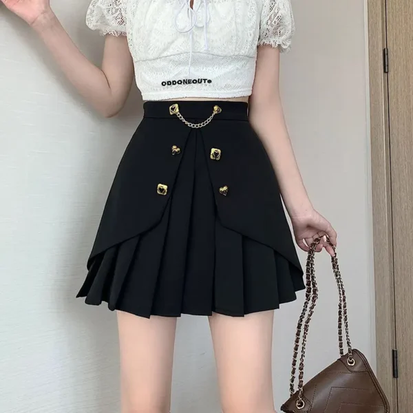 Spring Summer Solid Chain Slim Pleated Skirt Woman New Fashion Party Streetwear A-line Black White High Waist Mini Skirts - Image 3