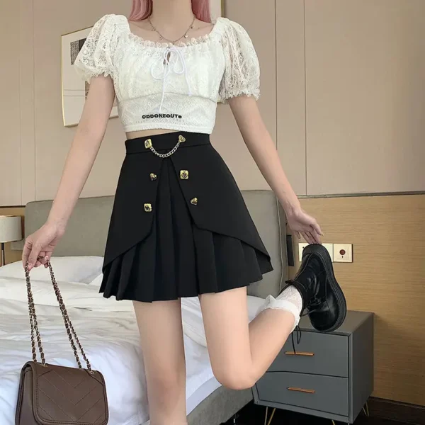 Spring Summer Solid Chain Slim Pleated Skirt Woman New Fashion Party Streetwear A-line Black White High Waist Mini Skirts - Image 4