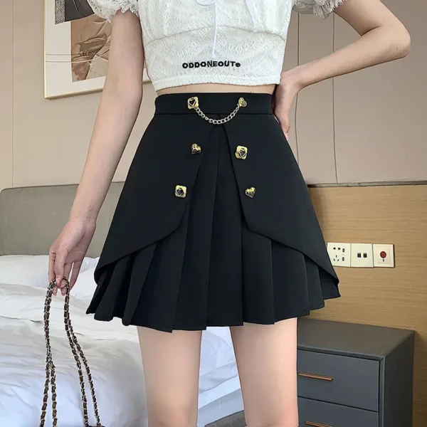 Spring Summer Solid Chain Slim Pleated Skirt Woman New Fashion Party Streetwear A-line Black White High Waist Mini Skirts - Image 5