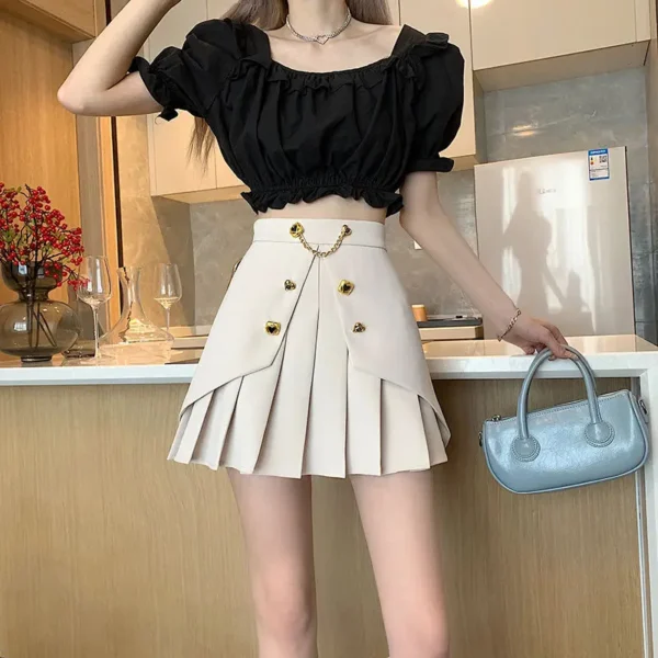 Spring Summer Solid Chain Slim Pleated Skirt Woman New Fashion Party Streetwear A-line Black White High Waist Mini Skirts - Image 6