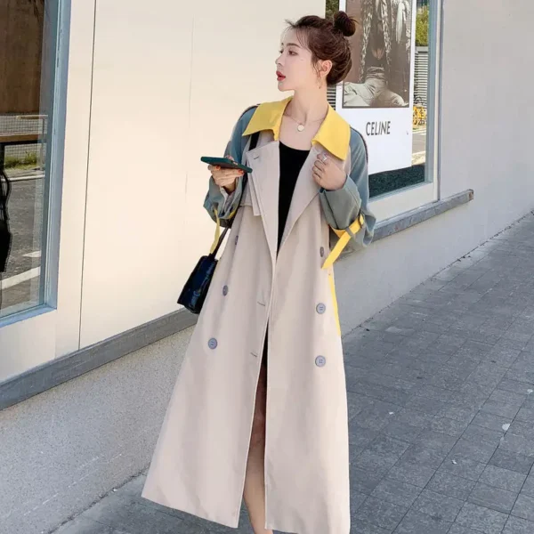 Women Long Trench Spring Autumn NewSmall Fresh Sweet Office Lady Patchwork Single Breasted Full Turn-down Collar Girls Coat - Image 2