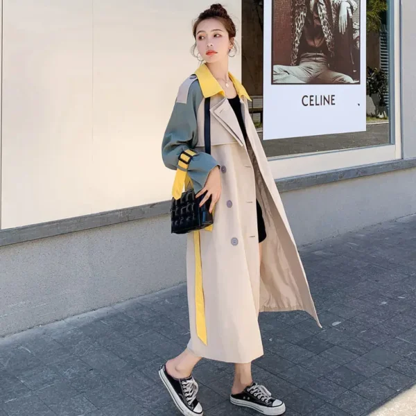 Women Long Trench Spring Autumn NewSmall Fresh Sweet Office Lady Patchwork Single Breasted Full Turn-down Collar Girls Coat - Image 3