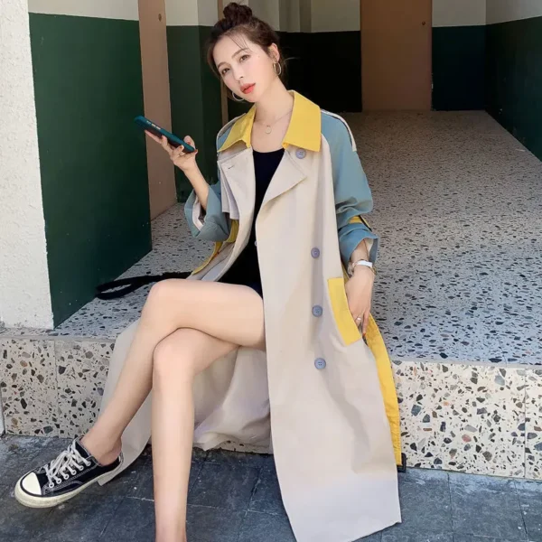 Women Long Trench Spring Autumn NewSmall Fresh Sweet Office Lady Patchwork Single Breasted Full Turn-down Collar Girls Coat