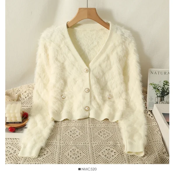 Women Mohair Cardigan Blue Soft Fuzzy Knit Sweater with Pearl Button Autumn Winter - Image 3