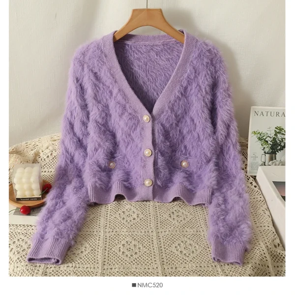 Women Mohair Cardigan Blue Soft Fuzzy Knit Sweater with Pearl Button Autumn Winter - Image 4