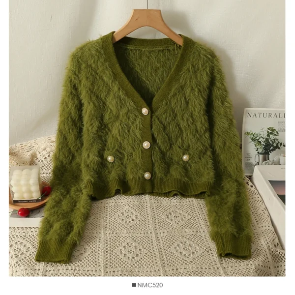 Women Mohair Cardigan Blue Soft Fuzzy Knit Sweater with Pearl Button Autumn Winter - Image 5