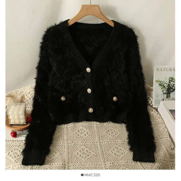 Women Mohair Cardigan Blue Soft Fuzzy Knit Sweater with Pearl Button Autumn Winter - Image 6